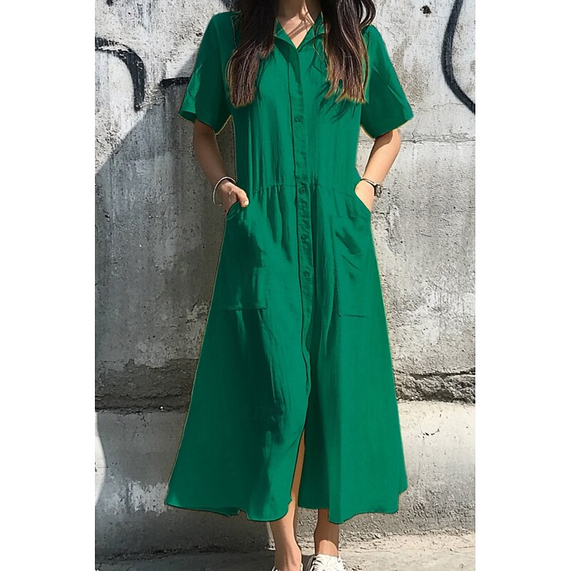 Women's Midi Dress Linen-Inspired Dresses Cotton Linen Dress Fashion Classic Vacation Going out Weekend Regular Fit Plain Short Sleeve Shirt Collar Light Pink Yellow Green Light Blue Summer4