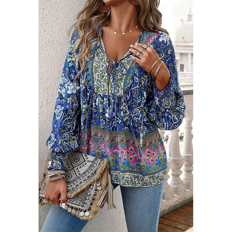 Women's Shirt Blouse Flower Daily Stylish Casual Long Sleeve V Neck Regular Tops Daily Holiday Print Pink Navy Blue Blue Apricot Spring4