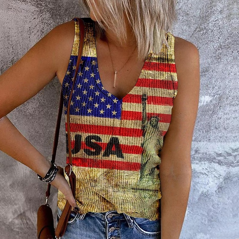 Women's Patriotic  Camisole Tank Top Flag Trendy Rock Beach Sleeveless Sleeveless V Neck Regular Tops Daily Club Uniforms Going out Yellow Blue Sky Blue3