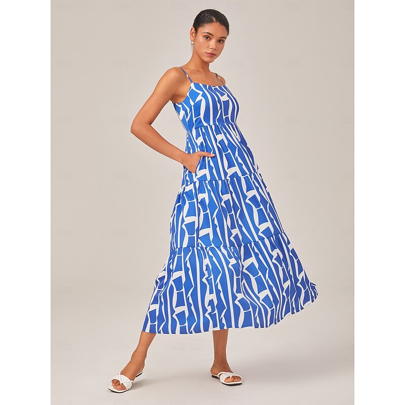 Blue Geometric Pattern Spaghetti Strap Dress2