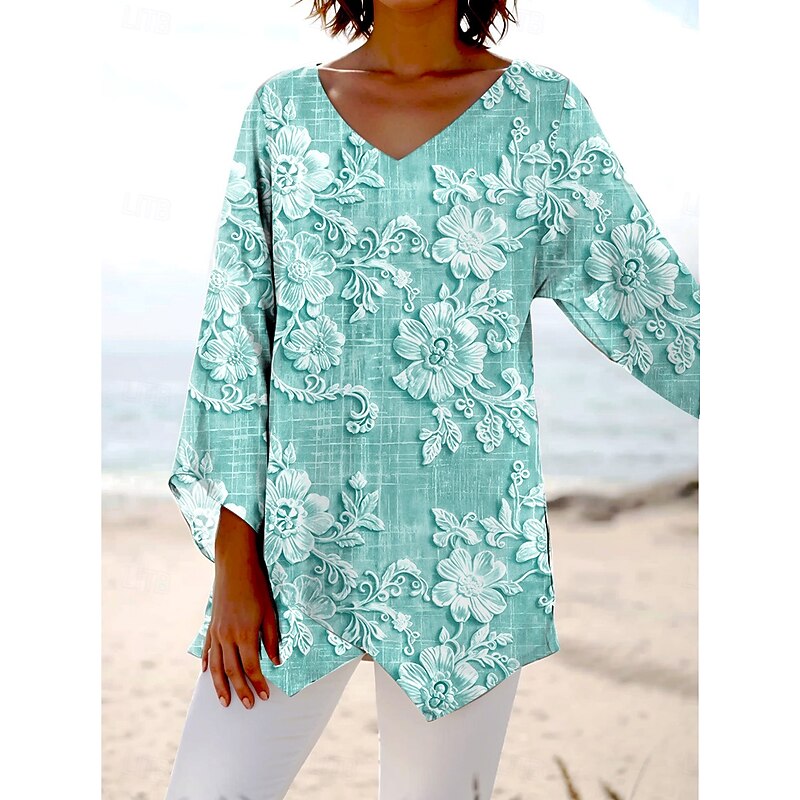 Women's Blouse Long Sleeve Asymmetrical Hem 3D Print Floral Graphic Hawaiian Stylish Casual Short Sleeve V Neck Regular Tops Daily Holiday Going out Print Red Blue Purple Green Khaki Summer Spring4