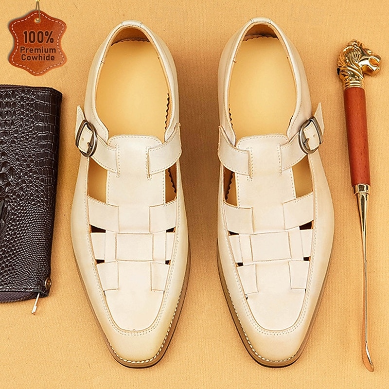 Men's Chic White Leather Monk Strap Shoes - Stylish Choice for Summer Weddings and Formal Events