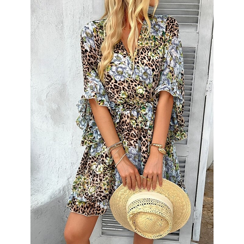 Women's Mini Dress Petite Dress Casual Dress Floral Dress Summer Dress Slip Dress Fashion Modern Daily Beach Weekend Regular Fit Floral 3/4 Length Sleeve V Neck Leopard White Pink Blue Summer4
