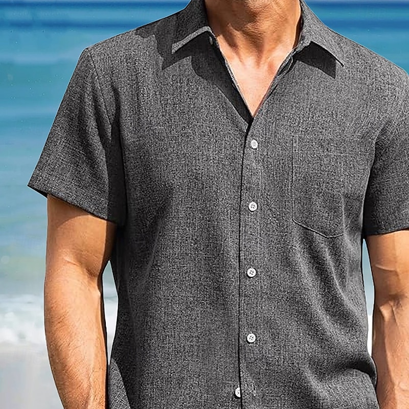Men's Linen Shirt Summer Shirt Beach Shirt Short Sleeve Fashion Casual Vacation Holiday Beach Wear Summer Spring Collar Collared Shirts Front One Pocket Dark Navy Blue Green Gray2