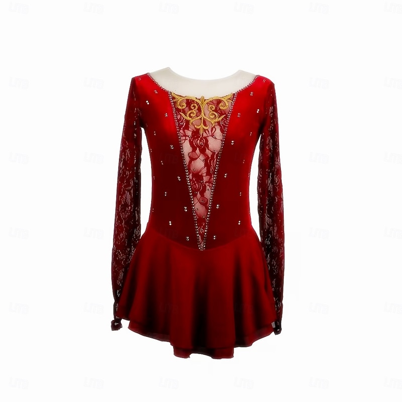 Figure Skating Dress Women's Girls' Ice Skating Dress Burgundy Patchwork Thumbhole Mesh Spandex Lace Stretchy Training Practice Professional Skating Wear Thermal Warm Classic Crystal / Rhinestone2