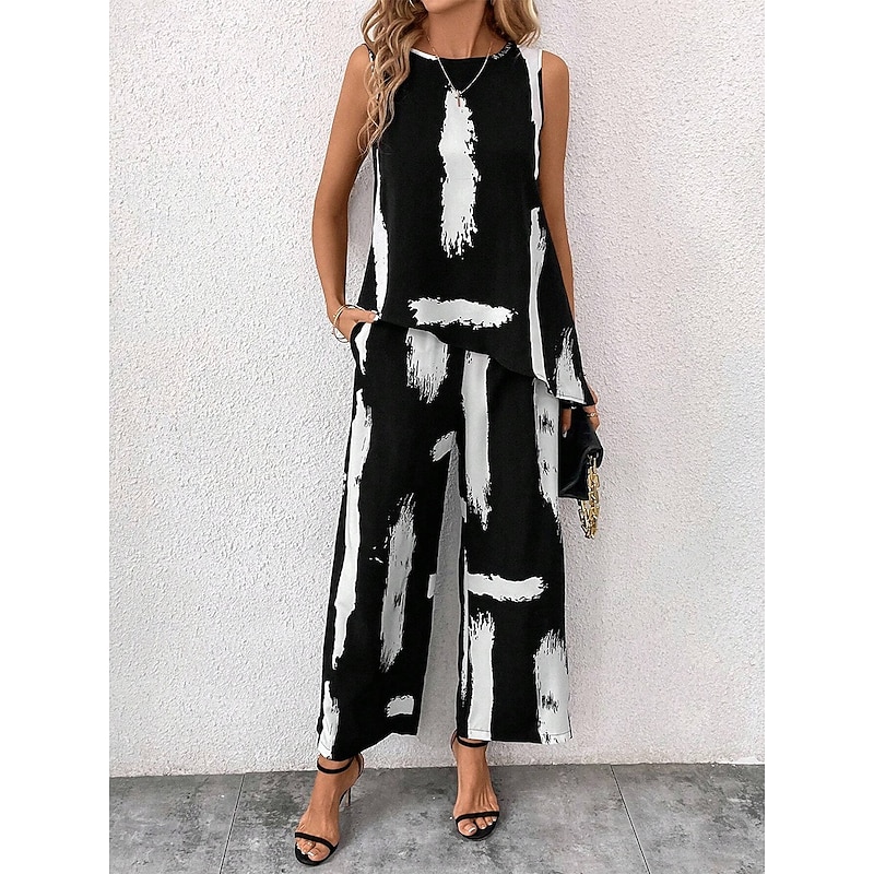 Women's 2 Pieces Fashion Daily Tank Top Pants Sets Sleeveless Round Neck Graphic Geometric Print Casual Daily Black White Summer Regular Fit