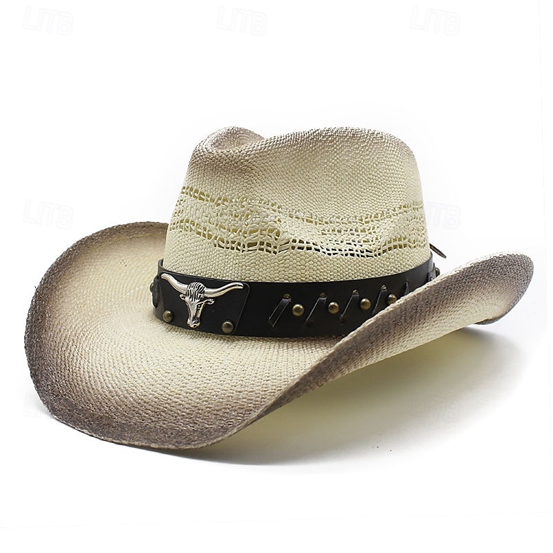 Men's Sun Hat Cowboy Hat Fedora Trilby Hat White Black / White Straw Rope Vintage Style Fashion 18th Century State of Texas Daily Theme Party Solid / Plain Color Sunscreen Cosplay