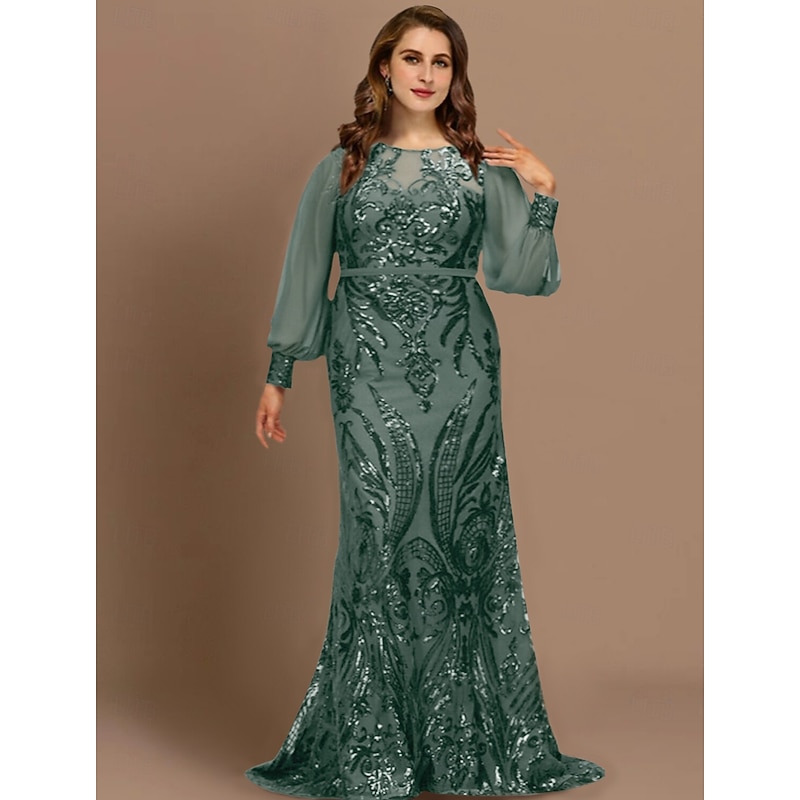 Mermaid Plus Size Curve Mother of the Bride Dresses Elegant Dress Formal Wedding Guest Sweep / Brush Train Long Sleeve Jewel Neck Chiffon with Sequin free custom size2