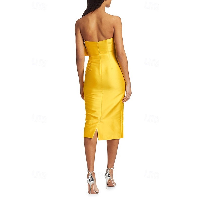 Sheath / Column Cocktail Dresses Wedding Guest Dress Formal Wedding Tea Length Sleeveless V NeckDress Satin with Bow(s)4