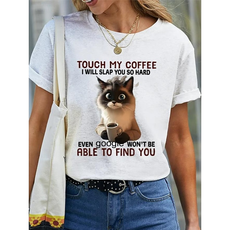 Women's T Shirt Cat Funny Slang T Shirt Graphic Letter Stylish Casual Short Sleeve Round Neck Regular Tops Daily Weekend Print Black White Pink Blue Purple Summer Spring