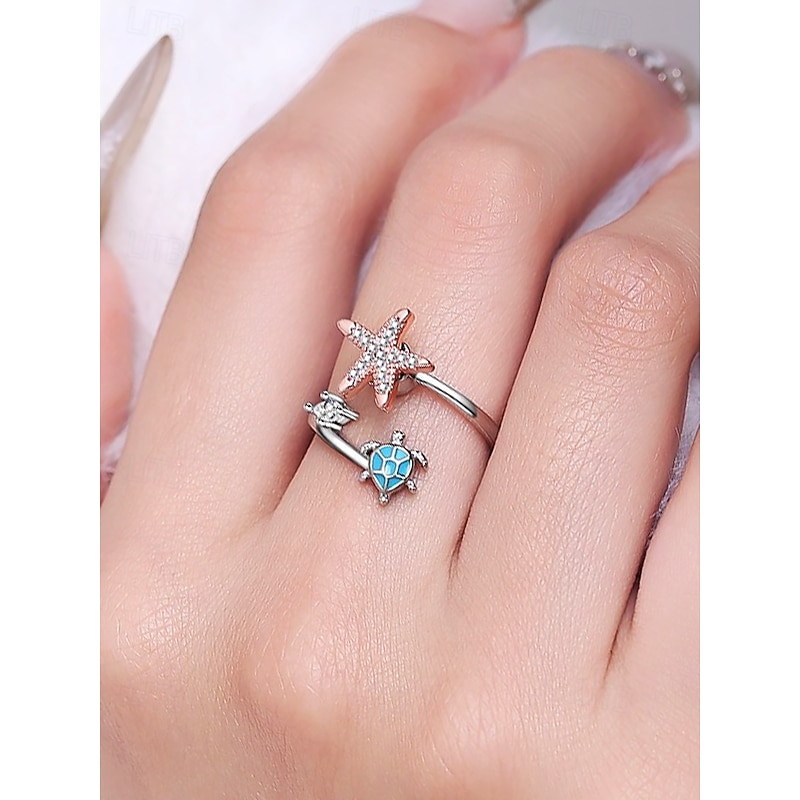 Adjustable Starfish & Sea Turtle Ring – Ocean-Themed Rotatable Crystal Ring, Silver & Rose Gold Beach Jewelry for Women & Girls, Stylish Summer Accessory for Vacations & Gifts2