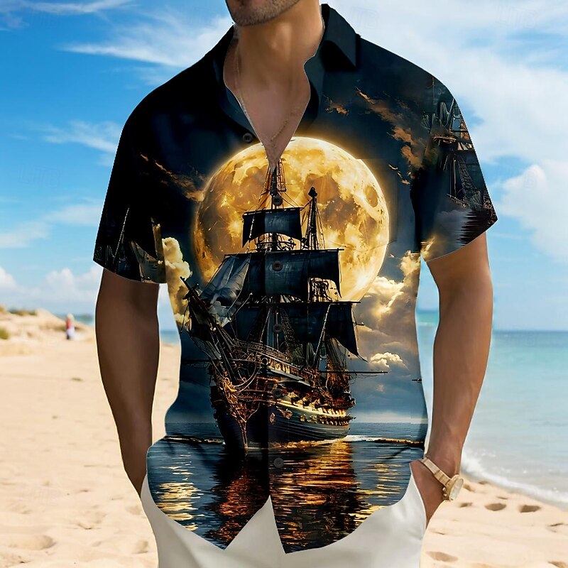 Men's Nautical Sailboat Shirt Casual Shirt Button Up Shirt Short Sleeve Vintage Retro Vacation Holiday Streetwear Summer Turndown 3D Print Collared Shirts Front One Pocket Dark Blue