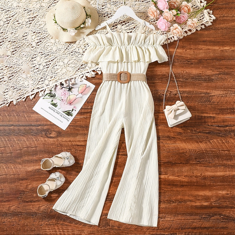Kids Girls' Overall & Jumpsuit Solid Color Fashion Off Shoulder School 7-13 Years Summer Beige