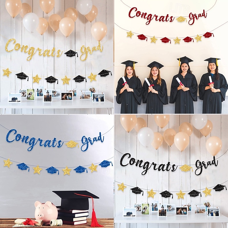 Graduation Party Backdrop Decor, "CONGRATS GRAD" Banner and Streamers, Graduation Ceremony Decoration, Pennant Flags and Hanging Banners for Party2