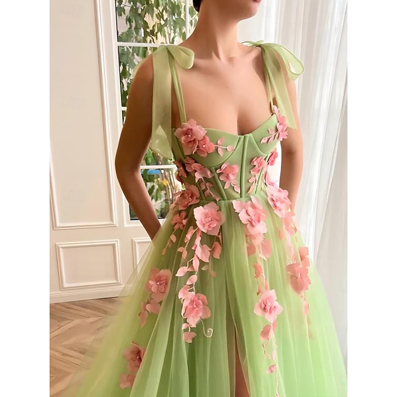 A-Line Prom Dresses Floral Embroidery Lace Corset Dress Semi Formal Wedding Guest Floor Length Sleeveless Tulle2