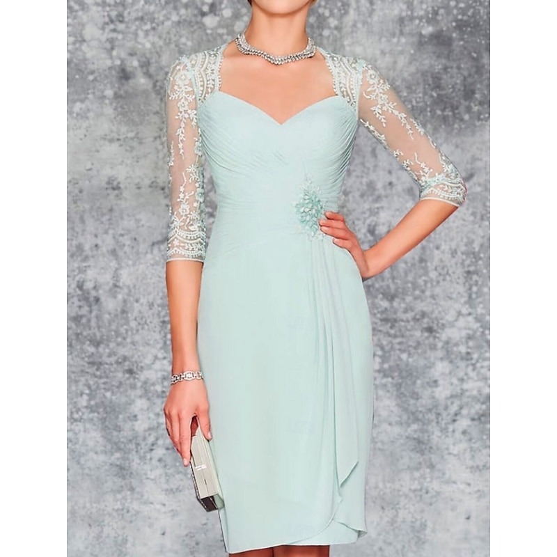Beach Wedding Two Piece Sheath Mother of the Bride Dress Wedding Guest Elegant Plus Size Sweetheart Knee Length Chiffon Lace 3/4 Length Sleeve Wrap Included Jacket Dresses with Pleats Embroidery2