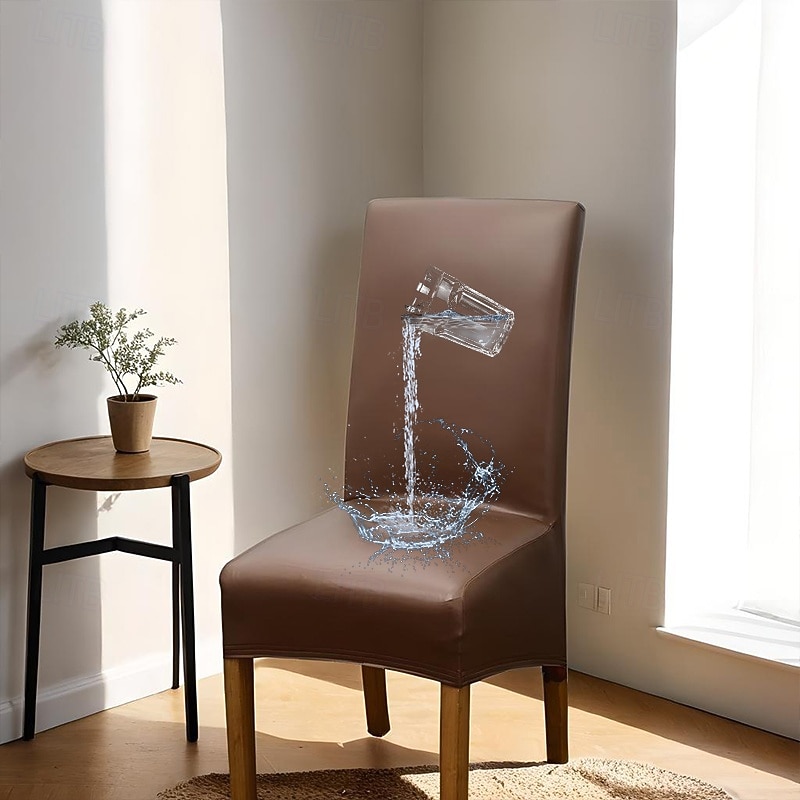 100% Waterproof Dining Chair Cover Black Stretch Chair Slipcover PU Leather High Back Chair Seat Cover Protector with Elastic Band for Dining Room,Wedding