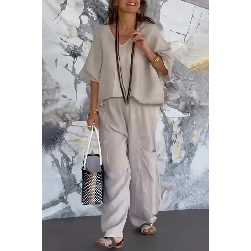 Women's Daily Shirt Cotton Linen Sets Two Piece Sets Half Sleeve V Neck Solid Color Daily Wear Casual Daily Black Light Green Light Grey Summer Regular Fit4