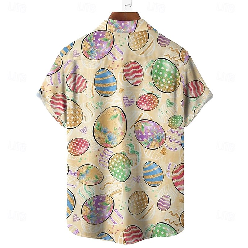 Easter Men's Easter Eggs Shirt Casual Shirt Button Up Shirt Short Sleeve Vintage Retro Vacation Holiday Festival Summer Spring Turndown 3D Print Collared Shirts Front One Pocket Khaki2