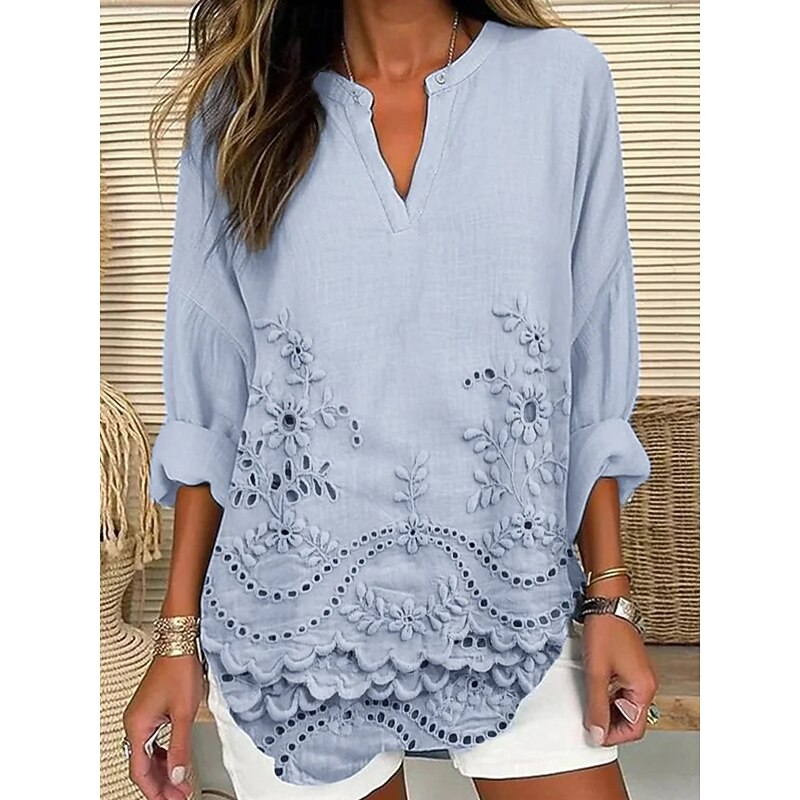 Women's Blouse Tunic V Neck Long Sleeve Boho Casual Tops 3D Print Graphic Basic Regular Tops Daily Buttons Print Pink Light Blue