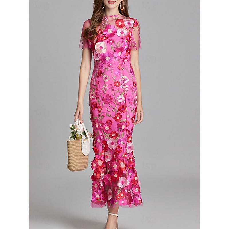 Mermaid Party Dresses Vintage Dress Wedding Wedding Guest Ankle Length Short Sleeve Crew Neck Tulle with Embroidery Dresses2