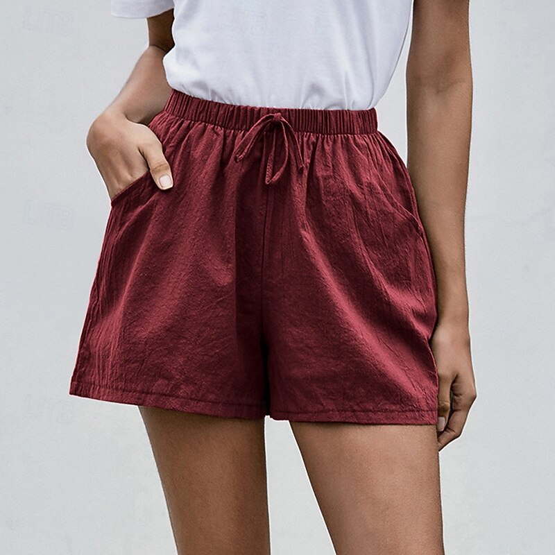 Women's Cotton Linen Shorts Shorts Fashion Streetwear Short Natural Plain Pocket Elastic Drawstring Design Comfy Outdoor Comfortable Street Daily Wear Going out Wine Dark Brown Army Green Dark Navy2