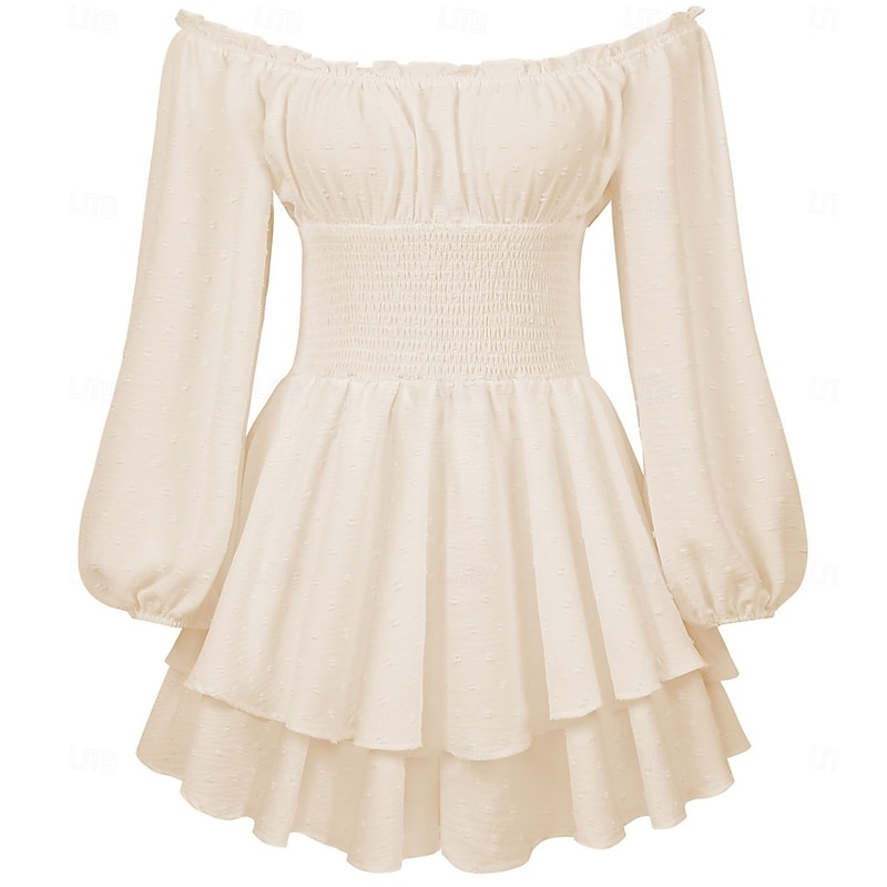 Retro Vintage Medieval Renaissance Mini Dress Flare Dress Puff Sleeve Elven Off Shoulder Regency Inspired Solid Color Fancy Dress Women's Fantasy Vacation Casual Daily LARP Adults' Dress Spring