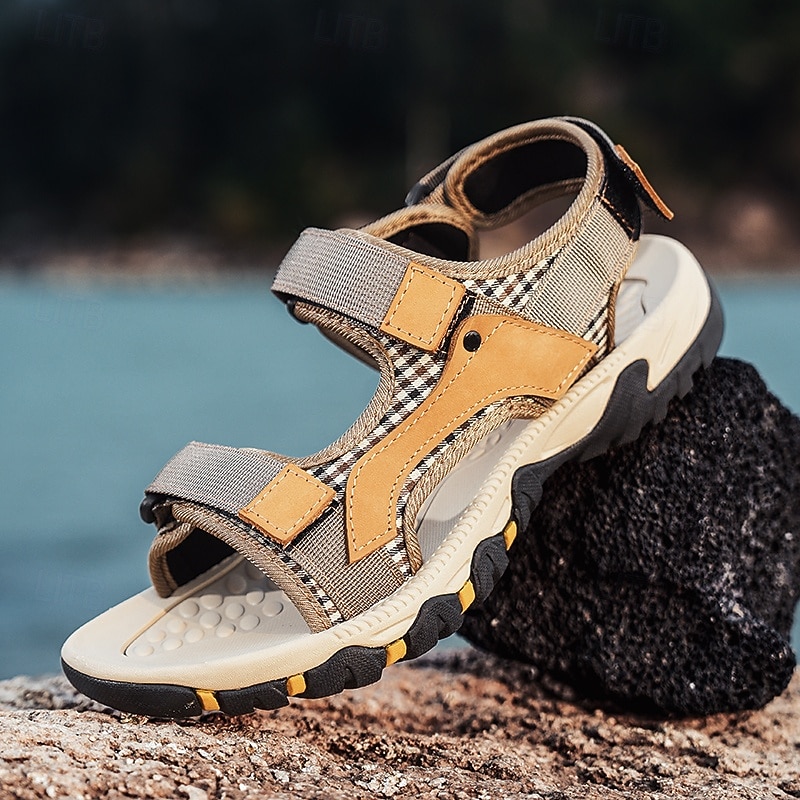 Men's Beige and Yellow Outdoor Hiking Sandals with Adjustable Velcro Straps, Breathable Fabric and Non-Slip Sole for Summer Adventures