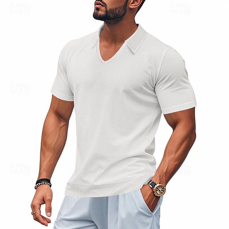Men's Golf Shirt Golf Polos Shirts Work Casual V Neck Short Sleeve Basic Modern Plain Jacquard Summer Spring Regular Fit Apricot White Brown Light Grey Army Green Light Blue Golf Shirt