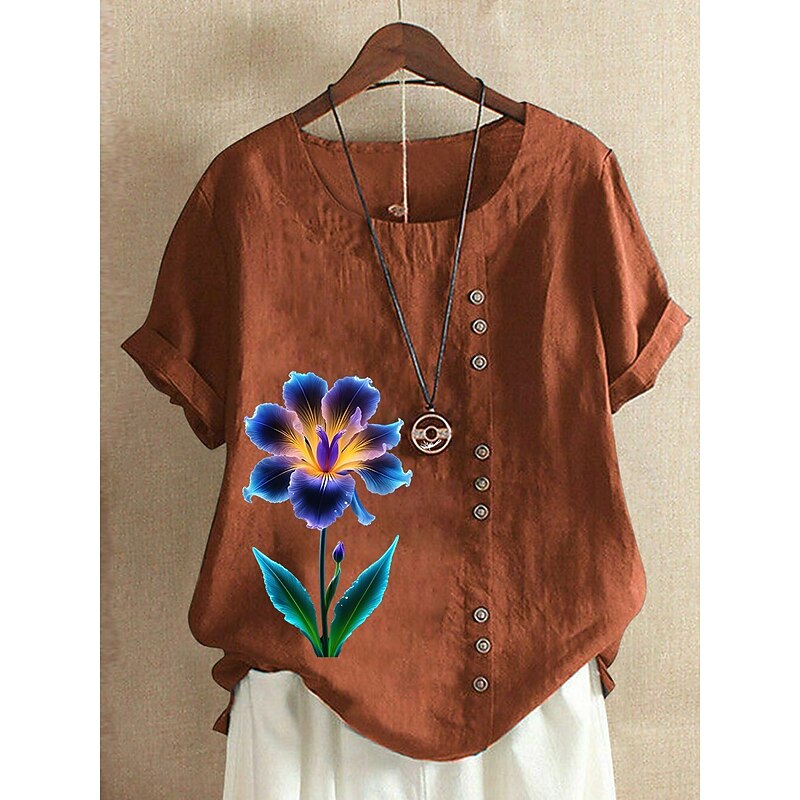 Women's 100% Cotton Blouse Vintage Casual Crew Neck Daily Going out Buttons Print Maroon Grass Green White Purple3