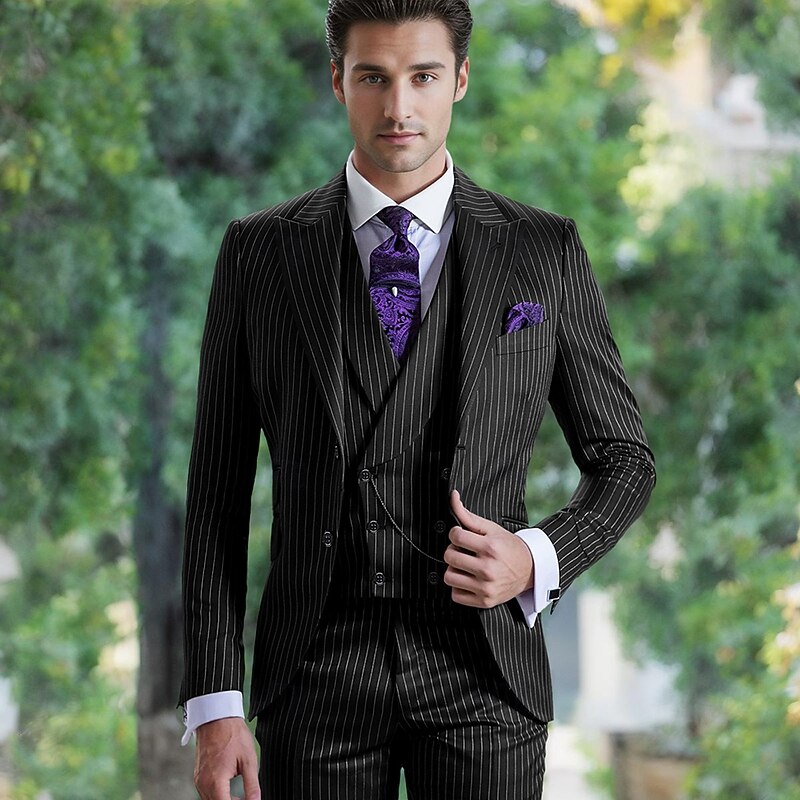 Men's Wedding Party Suits Peaked Lapel Black Blue Fashion Formal Striped Standard Fit 3 Piece Single Breasted Two-buttons2