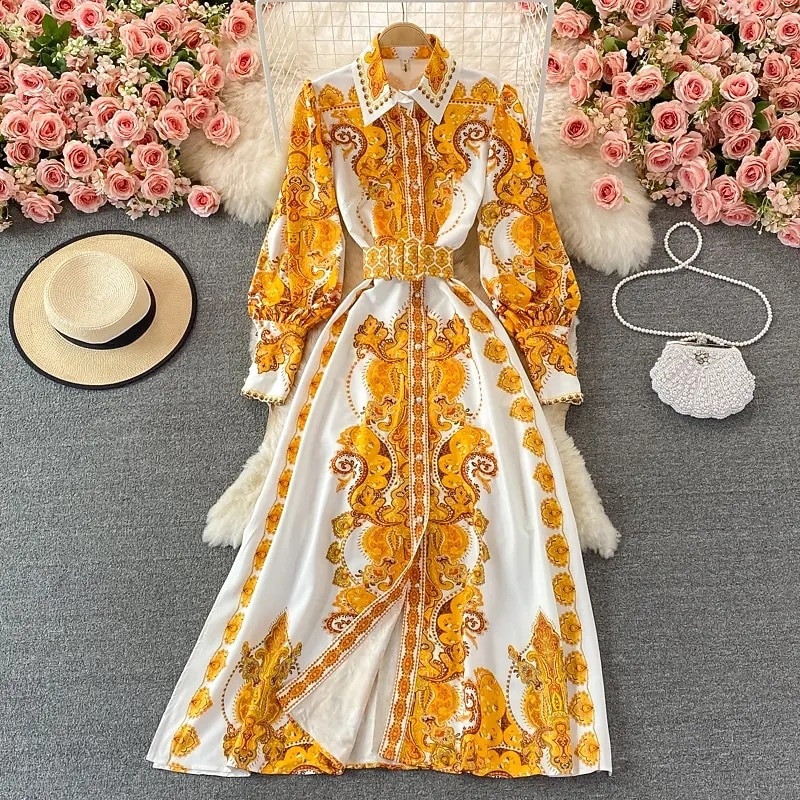 Women's Midi Dress Boho Dress Fashion Classic Vacation Going out Weekend Regular Fit Flower Long Sleeve Shirt Collar Yellow Summer