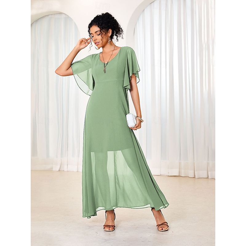 Women's Maxi Dress Elegant Flutter Sleeve Solid Blue Scoop Neck Cinched Waist Flowy Sheer Overlay Formal Event Party Summer All Sizes