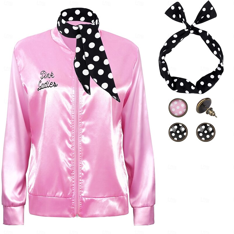 1950s Grease Outfits Pink Satin Jacket with Neck Scarf Headband Earrings Halloween Cosplay Costume Set for Women Girl With Costume Wigs2