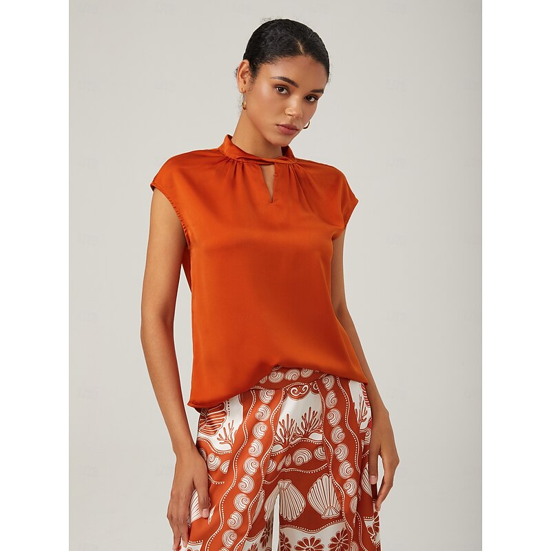 Orange stand-up collar sleeveless knotted top