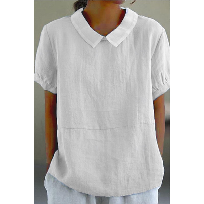 Women's Shirt Linen Shirt Blouse Cotton Linen Shirts Plain Daily Basic Casual Short Sleeve Shirt Collar Regular Tops Daily Going out Ruched White Navy Blue Blue Summer4