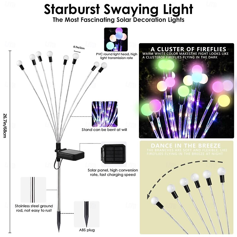 2 Pcs LED Outdoor Solar Lights Firefly Lights Ground Insertion Patio Lights Pole Glowing Courtyard Garden Path Lawn Wedding Festival Party Atmosphere3