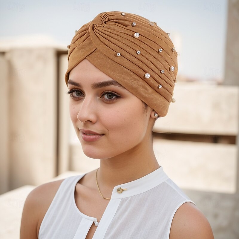 Headwear Polyester / Cotton Blend Floppy Hat Turbans Casual Church With Beading Pure Color Headpiece Headwear2