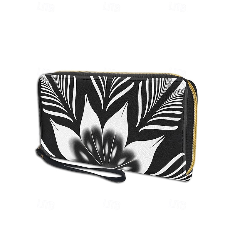 Women's Black and White Floral Print Wallet – Faux Leather Zipper Clutch with Wrist Strap, Stylish Large Capacity Purse for Travel, Shopping & Everyday Use4