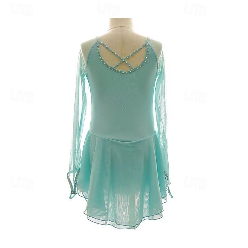 Figure Skating Dress Women's Girls' Ice Skating Dress Green Patchwork Thumbhole Mesh Spandex Stretchy Training Practice Professional Skating Wear Thermal Warm Crystal / Rhinestone Long Sleeve Ice2