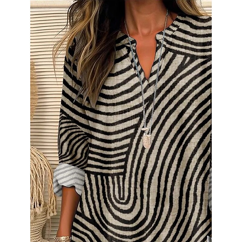Women's Blouse Tunic V Neck Long Sleeve Boho Casual Graphic Striped Basic Regular Tops Daily Buttons Print Khaki2