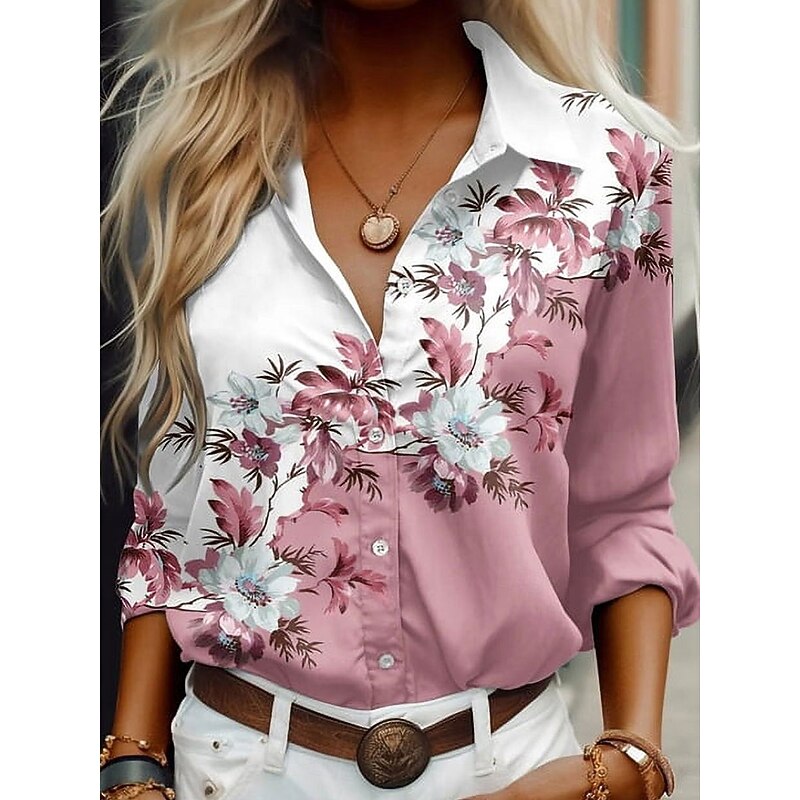 Women's Shirt Button Down Tunic Shirt Collar Long Sleeve Floral Graphic Casual Regular Tops Work Daily s Print Pink Blue Green Spring Fall Winter3