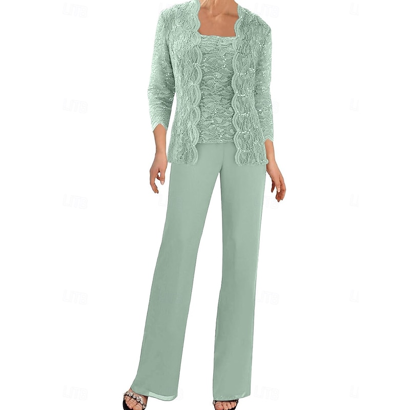 Pantsuit Mother of the Bride Dress Wedding Guest Elegant Simple Square Neck Floor Length Polyester 3/4 Length Sleeve with Solid Color2