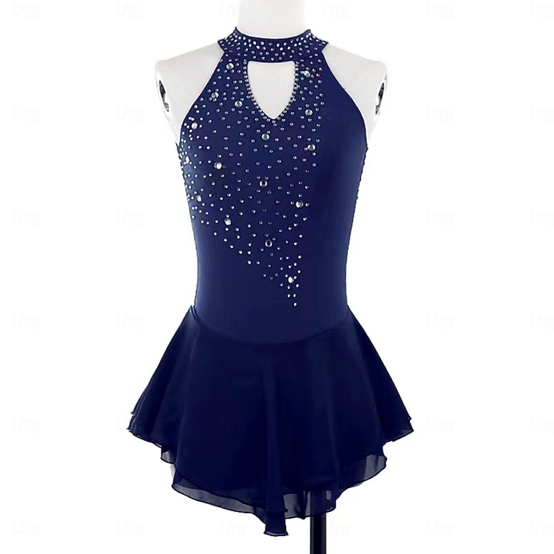 Figure Skating Dress Women's Girls' Ice Skating Dress Black Dark Green Dark Blue Patchwork Open Back Mesh Spandex Stretchy Training Practice Professional Skating Wear Thermal Warm Classic Crystal - Main Image