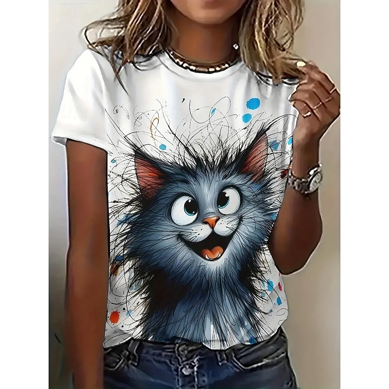 Women's T Shirt Summer Tops Graphic Cat Classic Casual Short Sleeve Crew Neck Crop Tops Daily Weekend Print Rainbow Summer Spring Fall