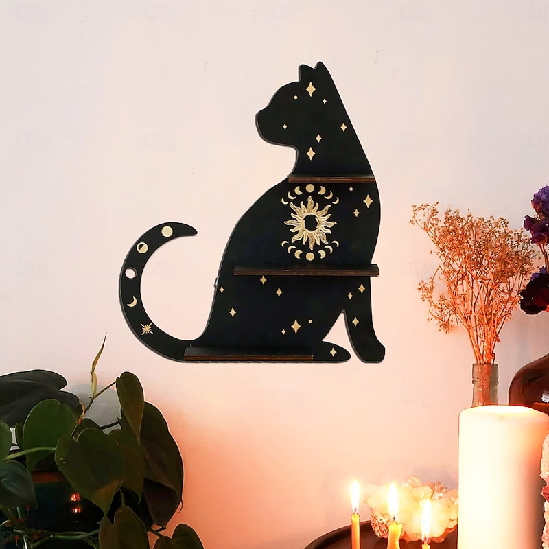 Black Cat Silhouette Wall Shelf with Gold Accents – Boho Wooden Hanging Display for Crystals, Candles, and Decor – Cute Kitty Wall Mounted Rack for Living Room, Bedroom, and Party Decoration2