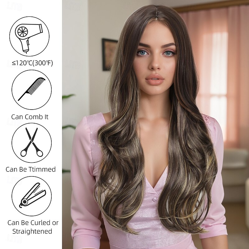 Synthetic Wig Wavy Deep Wave Layered Haircut With Bangs Machine Made Wig 28 inch A1 Synthetic Hair Women's Middle Part Party Color Gradient Multi-color3