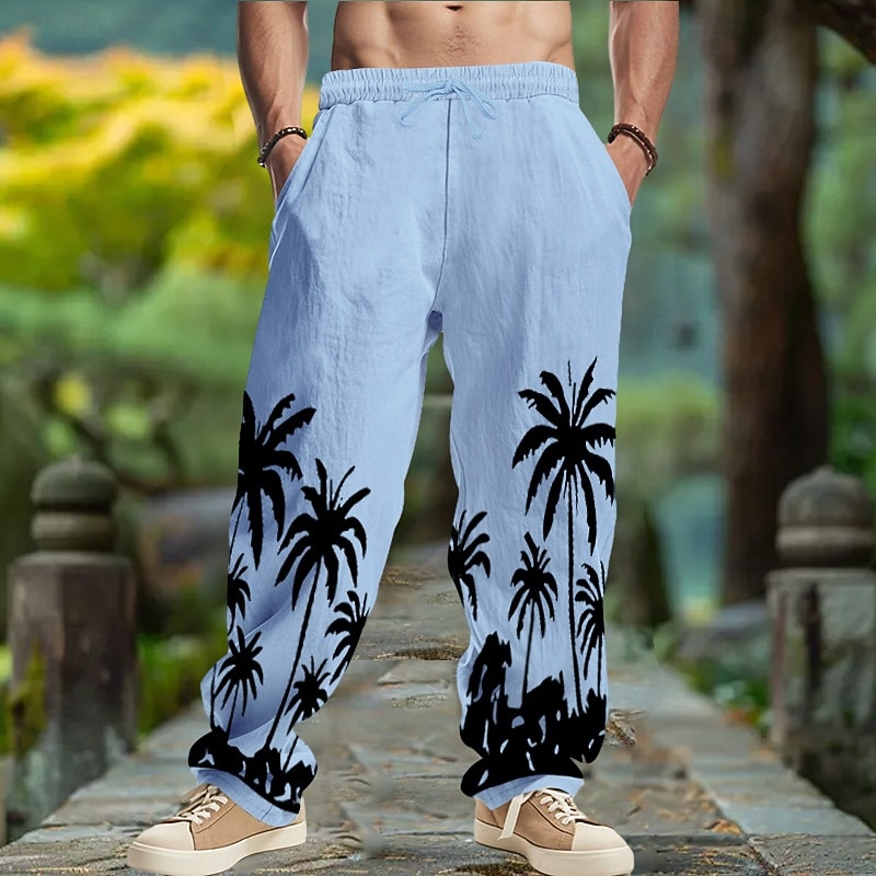 Men's Linen Pants Trousers Summer Pants Baggy Pants Drawstring Elastic Waist Straight Leg Coconut Tree Comfort Breathable Full Length Yoga Daily Running Fashion Retro Vintage Black White