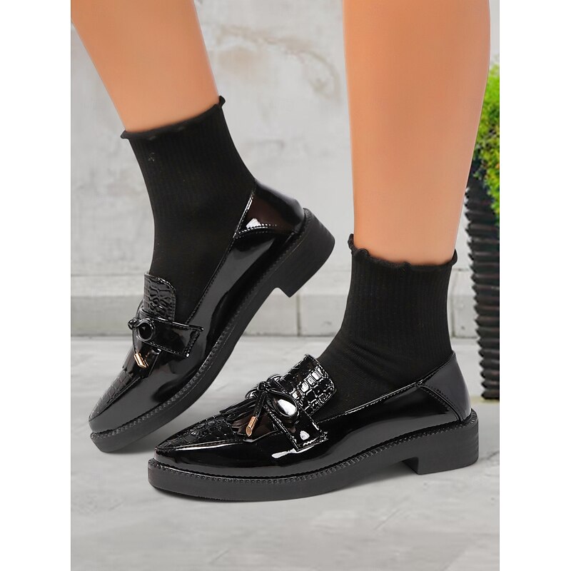 Women's Patent Leather Loafers – Croc-Embossed Tassel Shoes for Students & Work Commute3