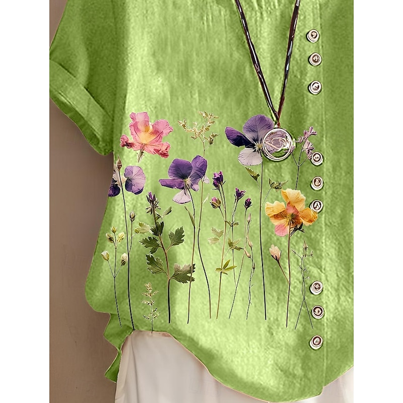 Women's 100% Cotton Blouse Floral Graphic Stylish Cotton Linen Casual Short Sleeve Crew Neck Regular Tops Daily Going out Buttons Print Green Summer Spring3